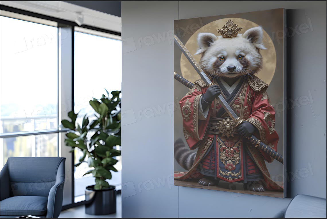 Crowned Red Panda Samurai in Red Armor Holding Katana Poster - Image 3
