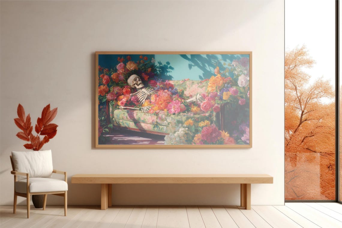 Sleeping Skeleton Botanical Wall Art Print Spooky Romantic Halloween Decor Academia