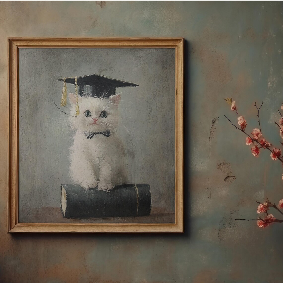 White Kitten in Graduation Cap with Bow Tie Sitting on Book Poster - Image 3