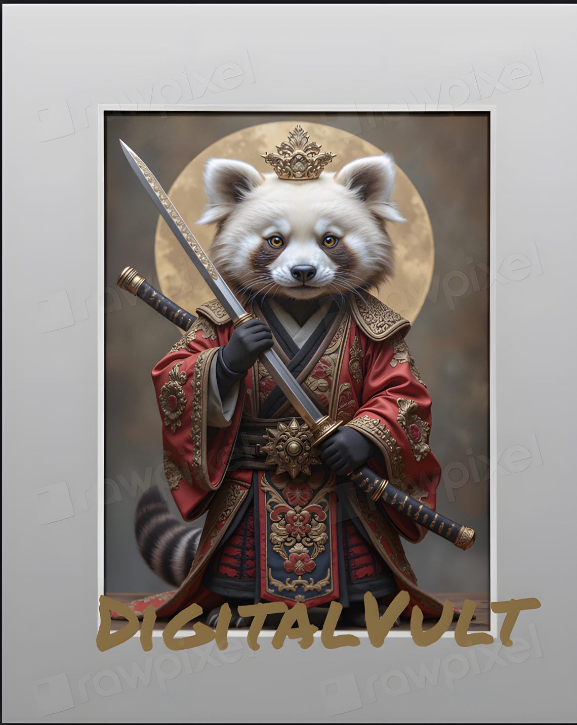 Crowned Red Panda Samurai in Red Armor Holding Katana Poster