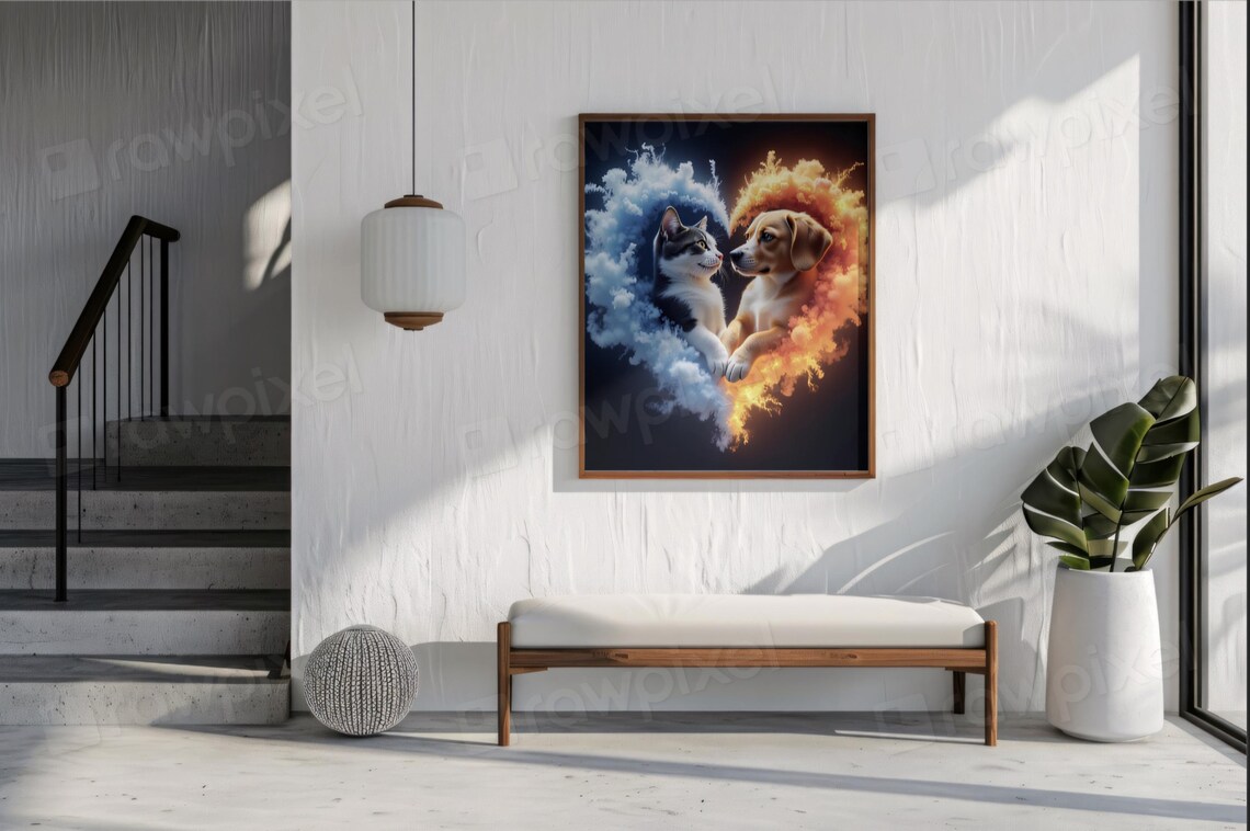 Kitten and Puppy Nose to Nose in Heart of Colorful Smoke Poster - Image 5