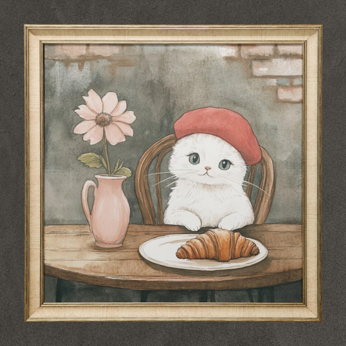 French Cat And Croissant Art Print, Kitchen Decor
