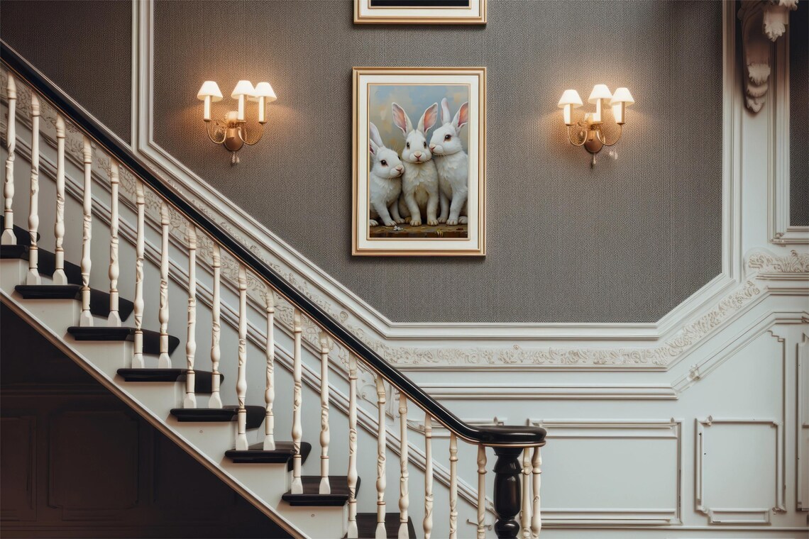 Three White Rabbits Vintage Oil Painting Style Portrait Poster - Image 5