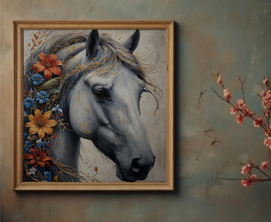 Graceful White Horse Profile with Colorful Flowers in Mane Poster - Image 7