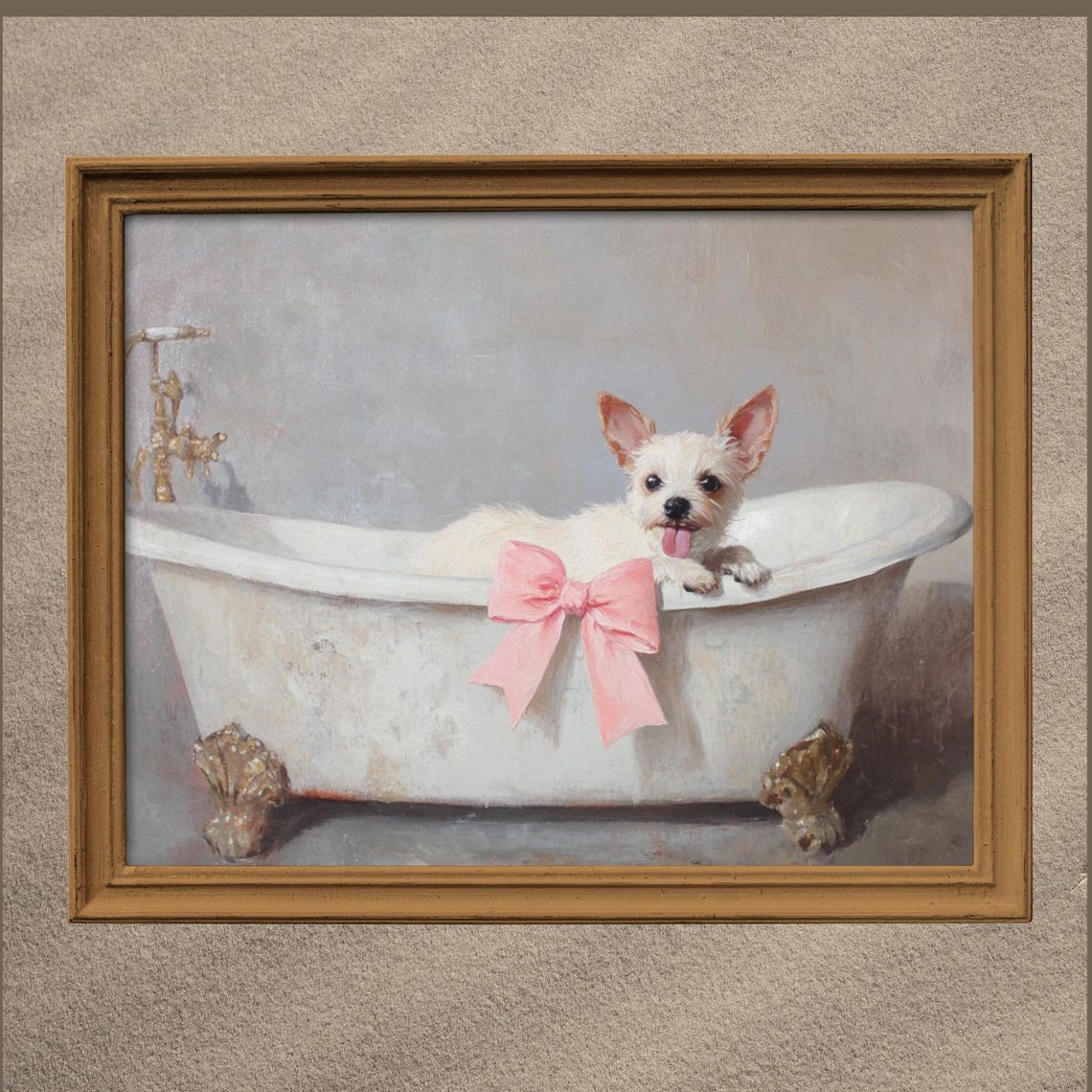Cute Puppy in Clawfoot Tub With Pink Bow Bathroom Art Poster