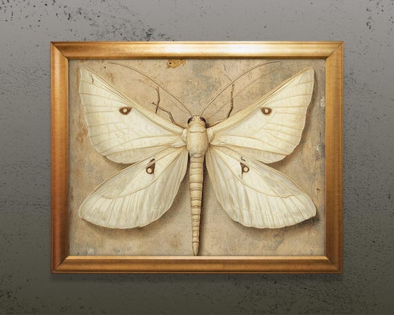 White Moth Vintage Print Spring Wall Decor Insect Wall Art Cottagecore Antique Moth Painting Moody Wall Decor Print