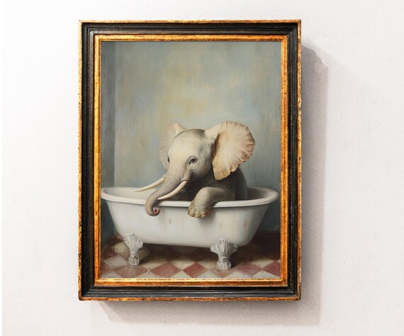 Baby Elephant in Clawfoot Bathtub Vintage Oil Painting Poster