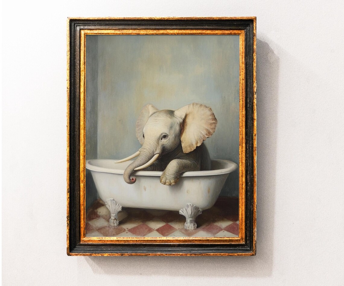 Baby Elephant in Clawfoot Bathtub Vintage Oil Painting Poster