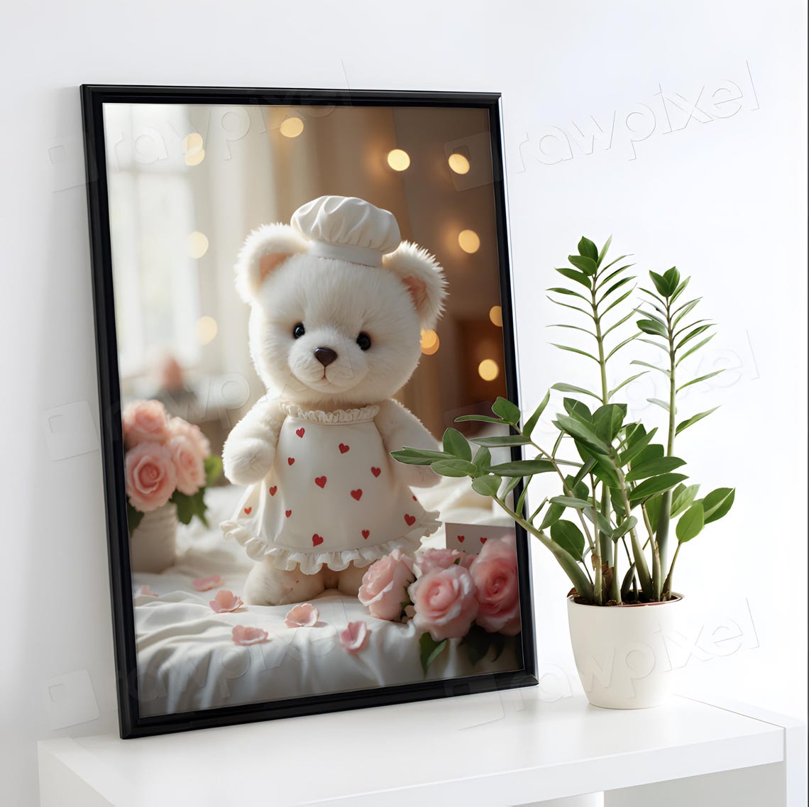 Adorable Teddy Bear Chef with Heart Apron and Pink Roses Poster - Image 4