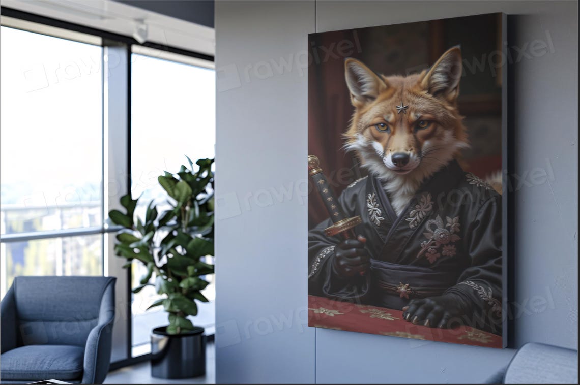 Dignified Red Fox Samurai in Black Kimono Holding Katana Poster - Image 3