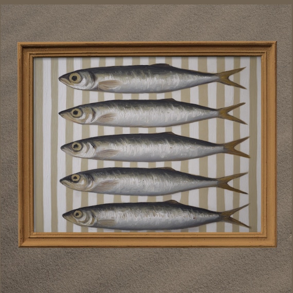 Striped Sardines Oil Painting Wall Art Print Still Life Antique Fish Kitchen Decor Nautical Home