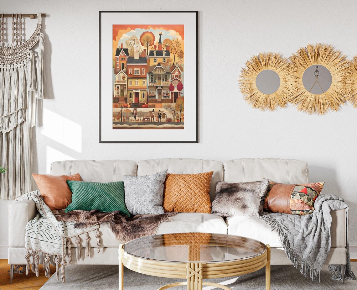 Fall Harvest Town Stacked Colorful Houses Autumn Folk Poster - Image 2