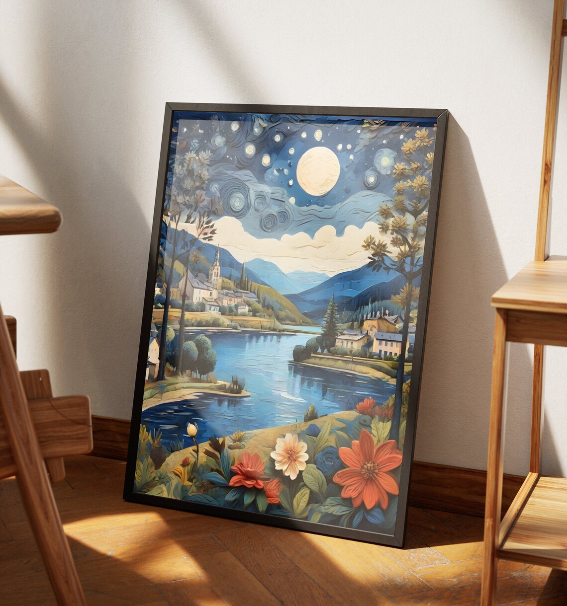 Moonlit Mountain Lake Village Church Starry Night Flowers Art Poster - Image 4