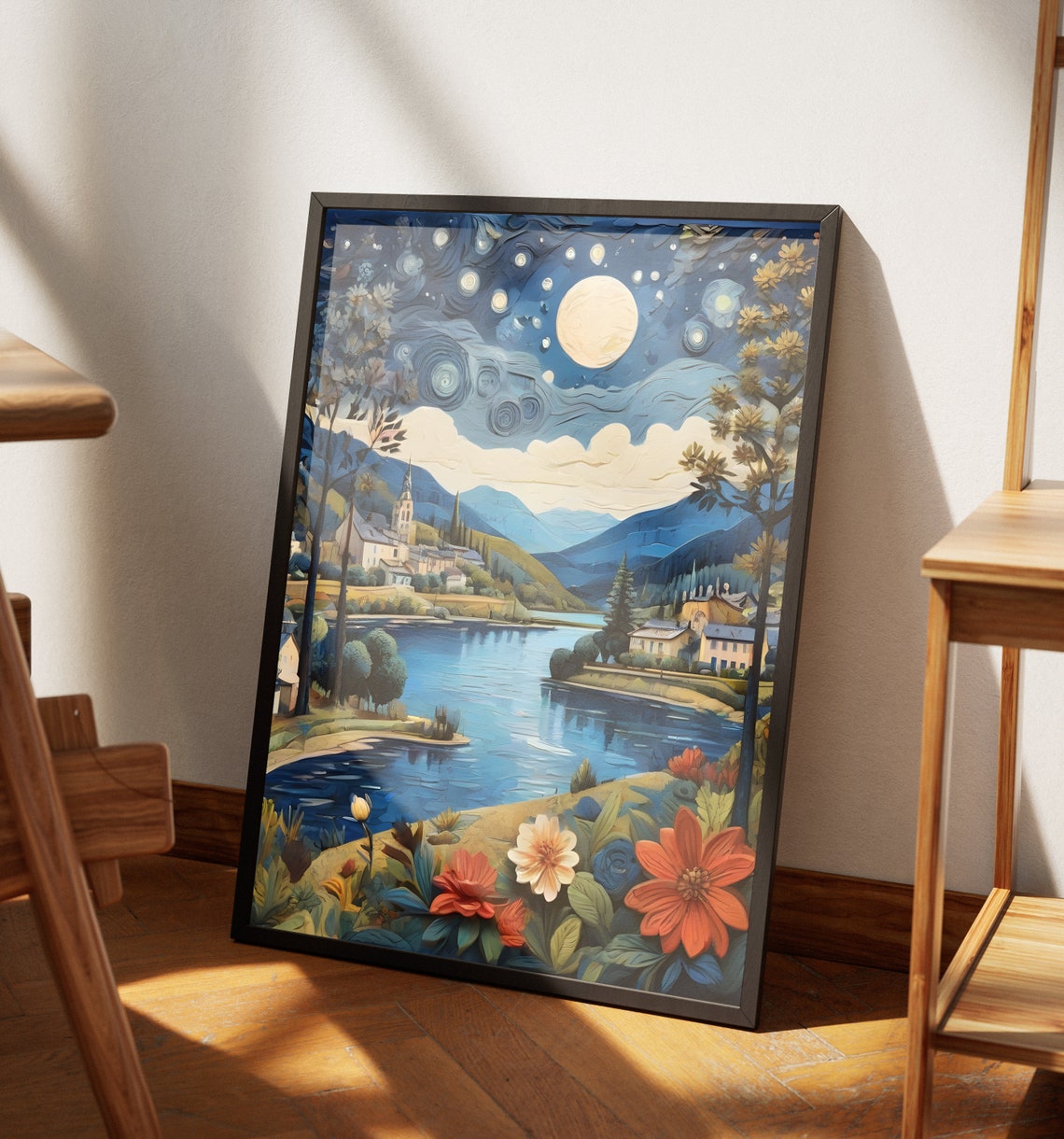 Paris Starry Night Matte Wall Art France Lakeview Artwork Paris France Print European Painting French Art Decor Paris Folk Art Poster - Image 4