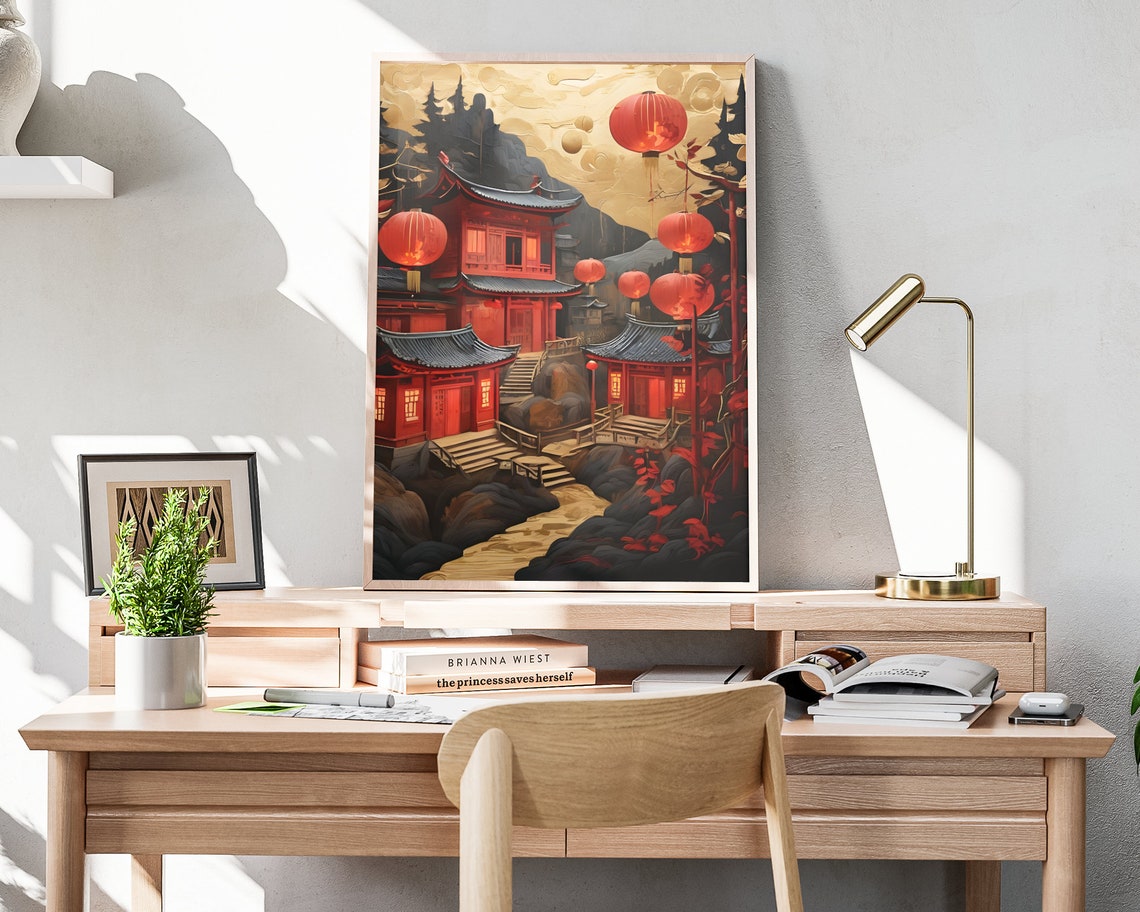 Chinese New Year Red Lanterns Golden Moon Mountain Art Poster - Image 4