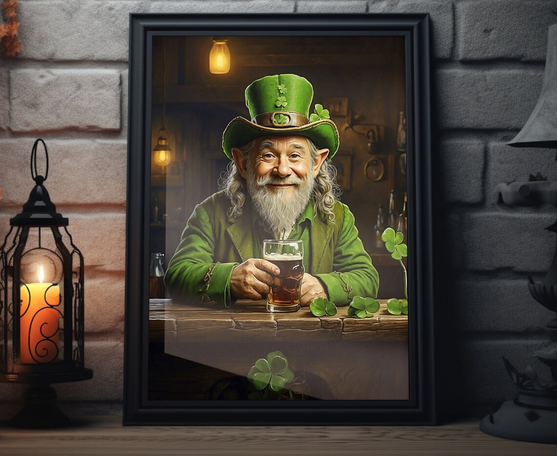 Saint Patricks Day Leprechaun Drinking Beer Shamrock Pub Portrait Wall Art