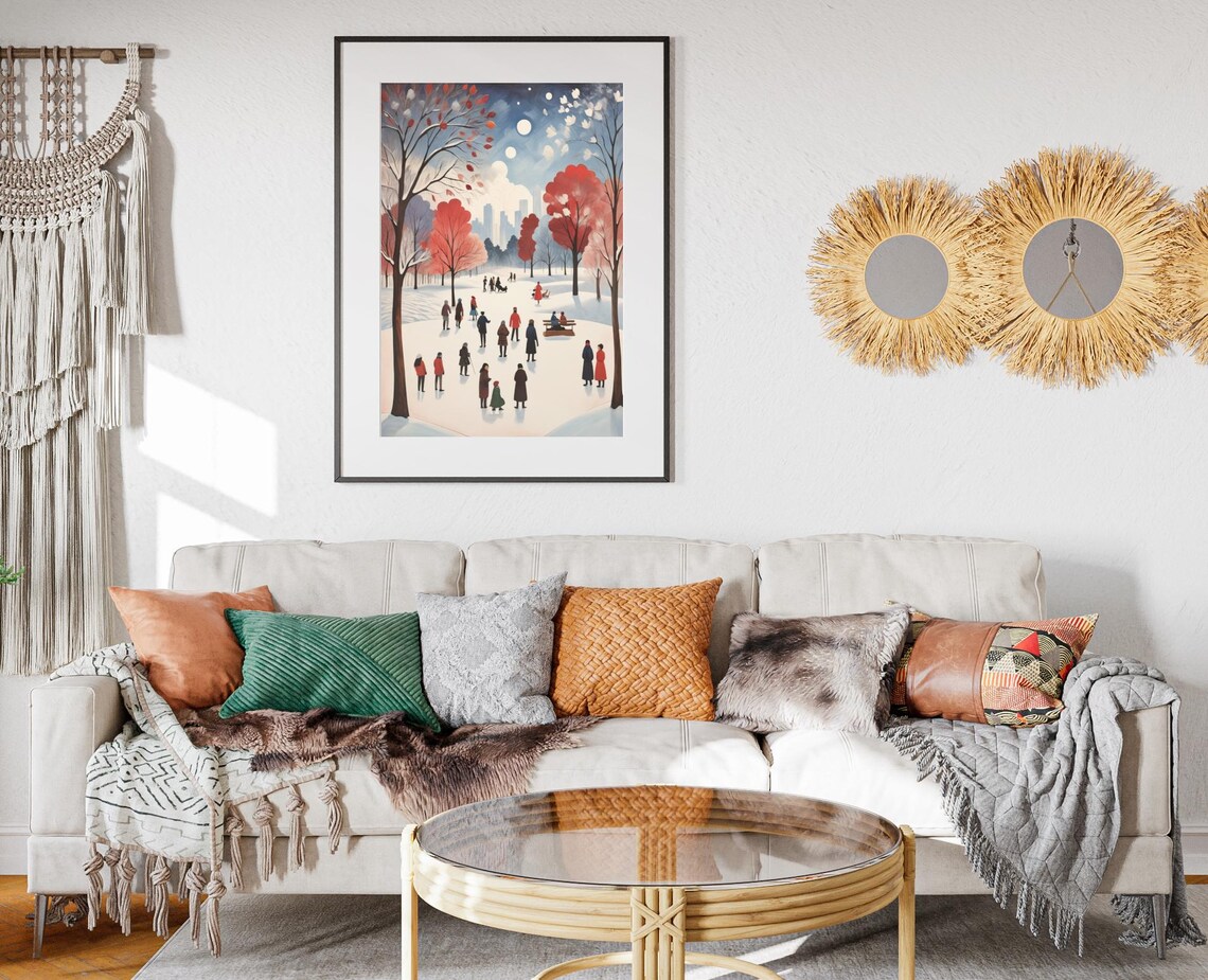 Winter City Park Snow Gathering Red Trees Skyline Festive Art Poster - Image 2
