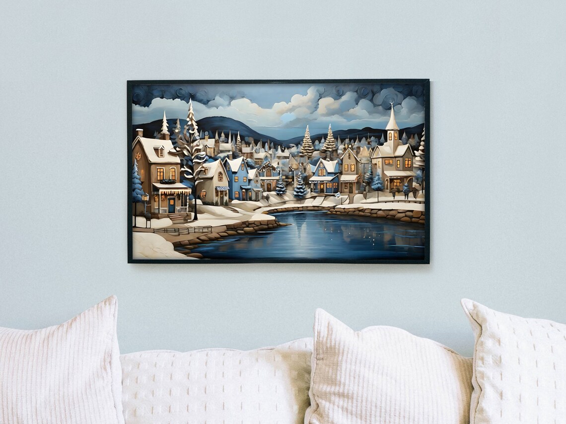 Snowy Winter Town By Frozen River Blue Dusk Town Panorama Poster - Image 2