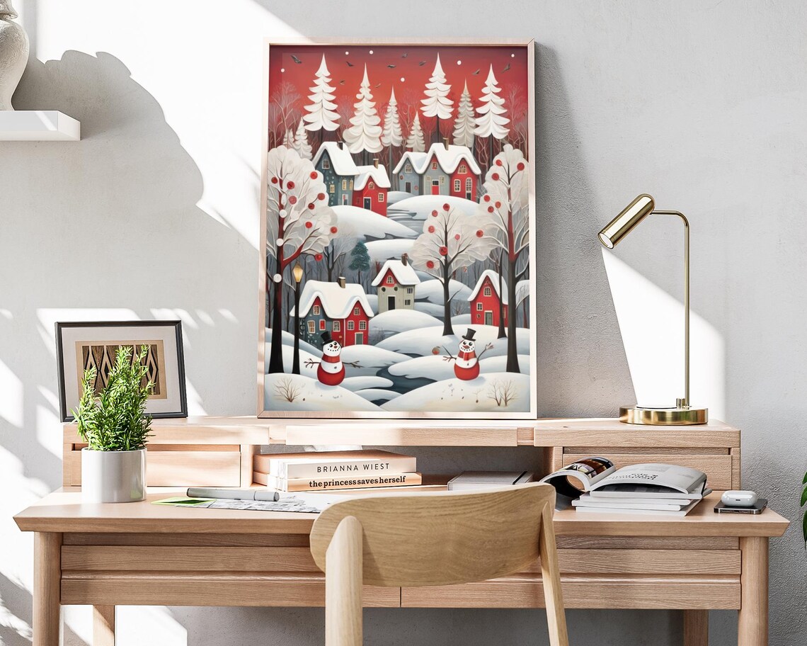 Cozy Snowy Village Under Red Winter Sky Snowmen Folk Art Poster - Image 4