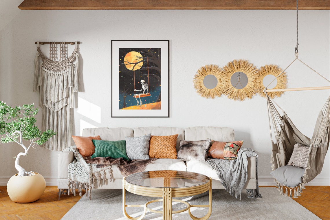 Skeleton On Swing Halloween Poster Vintage Halloween Wall Art Cute Fall Art Prints Spooky Halloween Decor - Image 2
