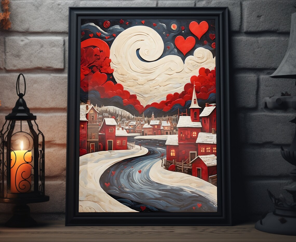 Valentines Snowy Village Red Houses Swirling Moon Folk Art Poster