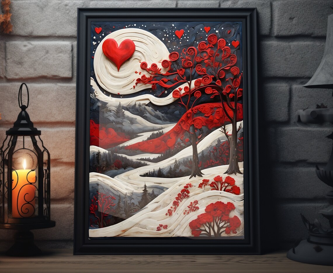 Valentines Snowy Night Heart Moon Red Trees Romantic Folk Art Poster