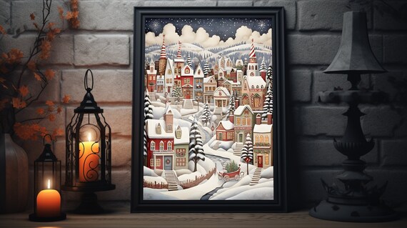 Cozy Snowy Christmas Town Village Paper Cut Holiday Style Poster