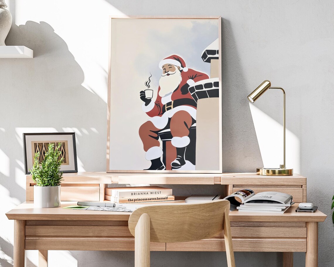 Santa On Chimney Hot Cocoa Minimalist Modern Christmas Wall Art - Image 4