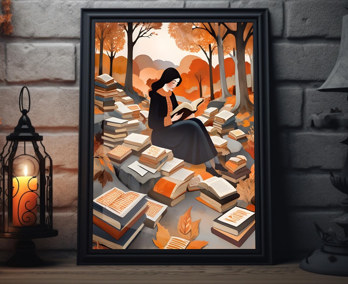 Woman Reading Among Piles Of Books In Golden Autumn Forest Art Poster