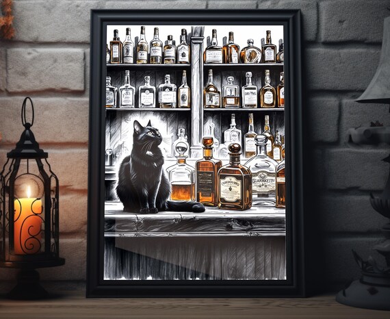 Black Cat Sitting At Bar Whiskey Bottles Black White Sketch Poster