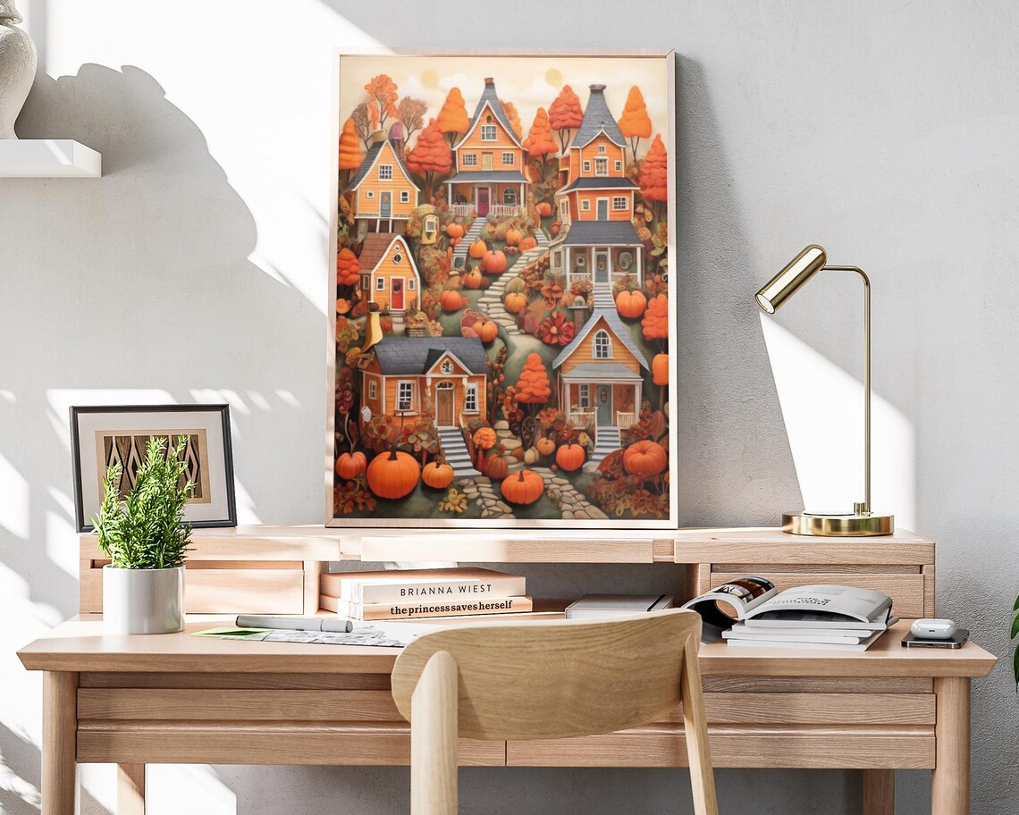 Autumn Hilltop Houses Pumpkin Village Cozy Fall Folk Art Poster - Image 4