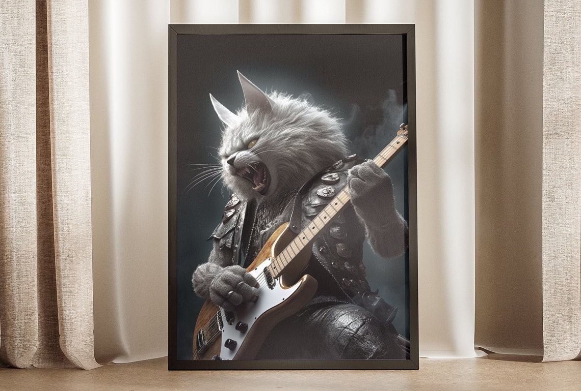 Fierce Rock Cat Guitar Player Leather Jacket Concert Art Poster