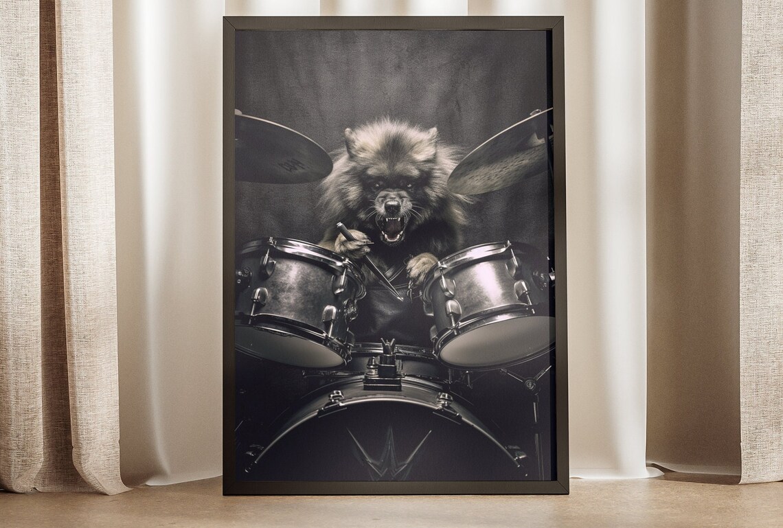 Heavy Metal Dog Drummer Rock Drum Kit Snarling Canine Music Poster
