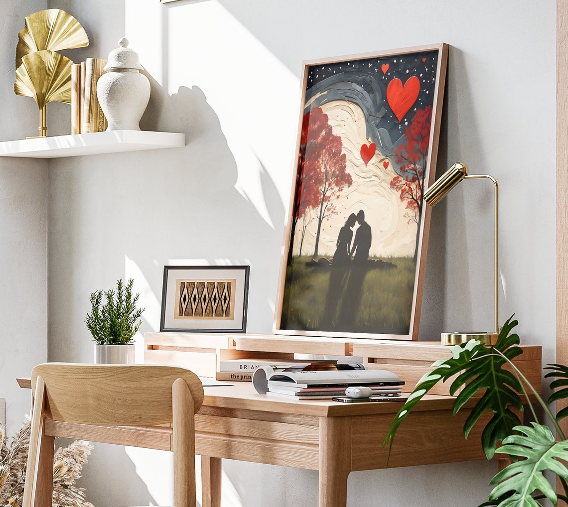 Valentines Couple Silhouette Giant Moon Red Trees Romantic Art Poster - Image 3