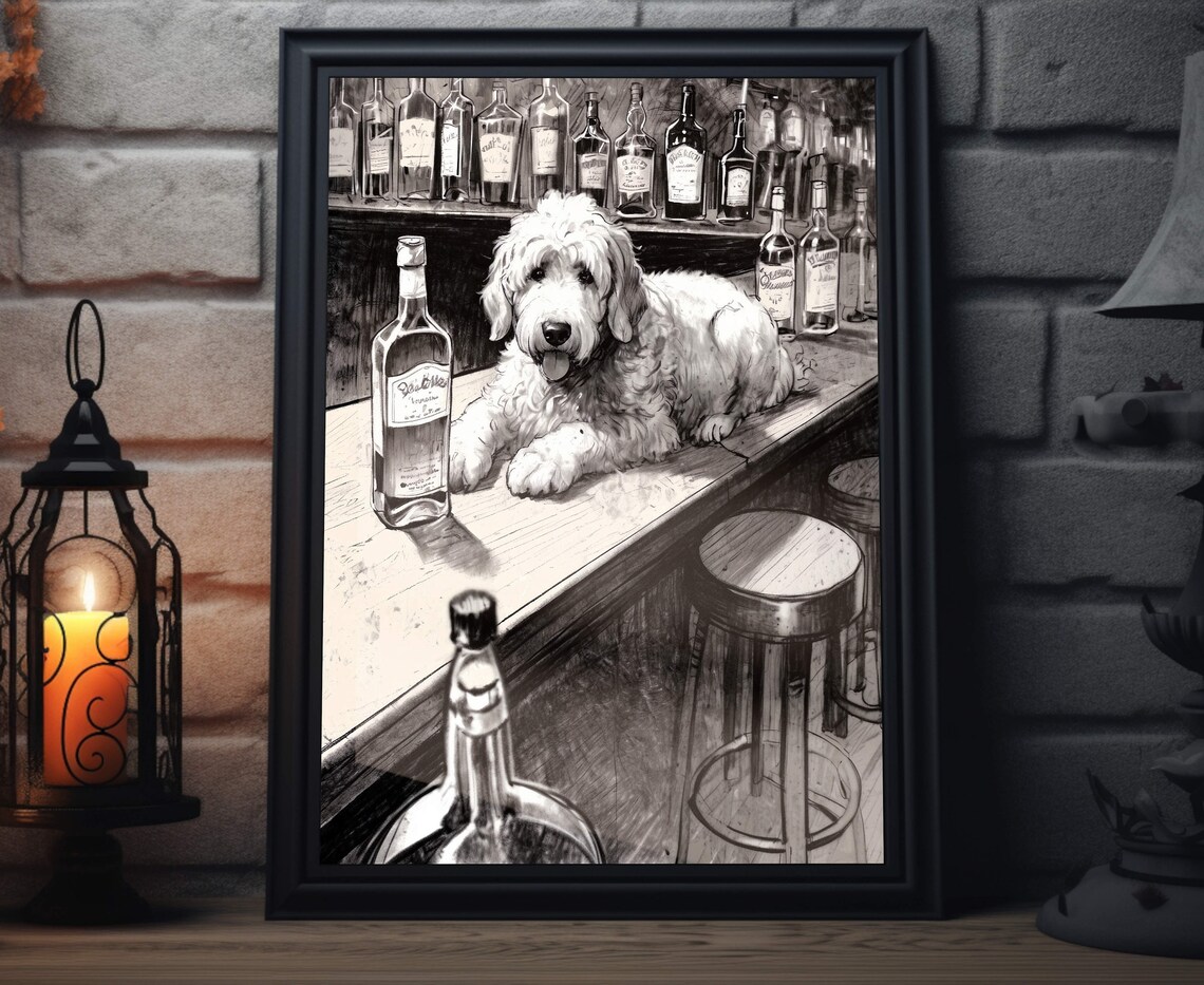Golden Doodle Dog Bar Cart Art Print, Black and White