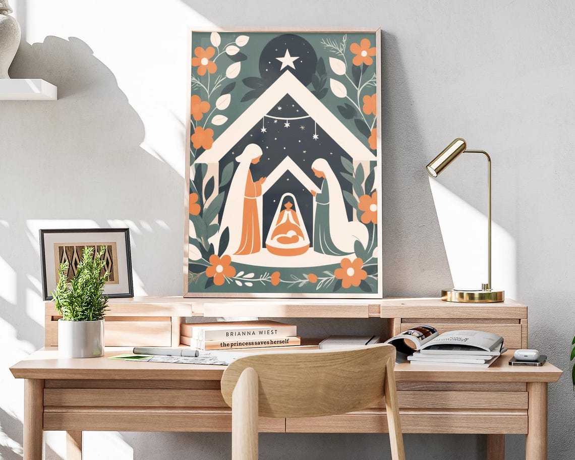 Boho Minimalist Nativity White Stable Baby Jesus Star Holiday Poster - Image 4