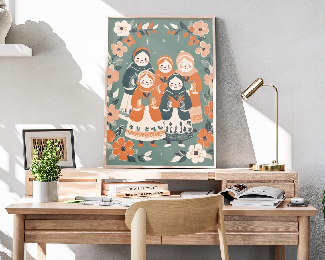 Boho Christmas Carolers Folk Group Lanterns Floral Holiday Poster - Image 4