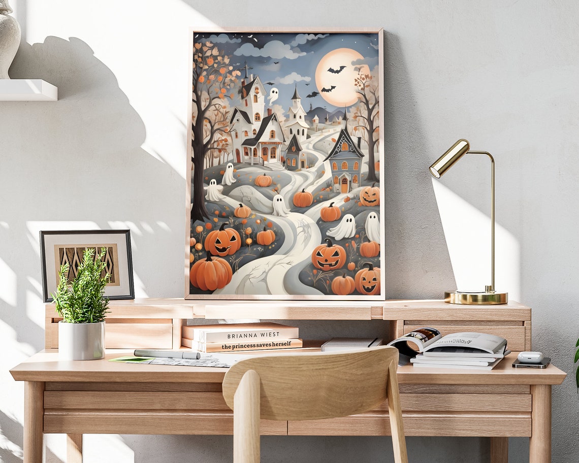 Vintage Halloween Spooky Town Ghosts Pumpkins Full Moon Art Poster - Image 4