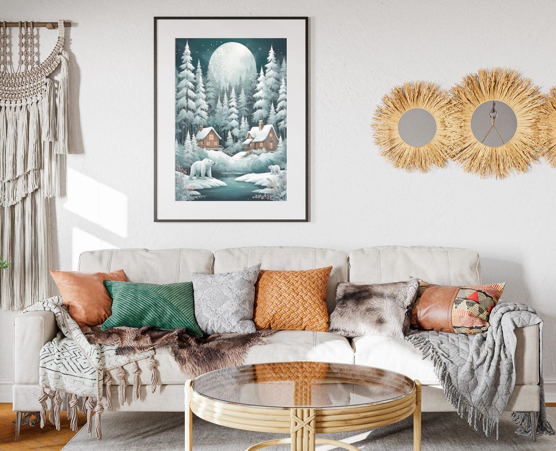 Moonlit Winter Forest Polar Bears Cabins Full Moon Night Poster - Image 2