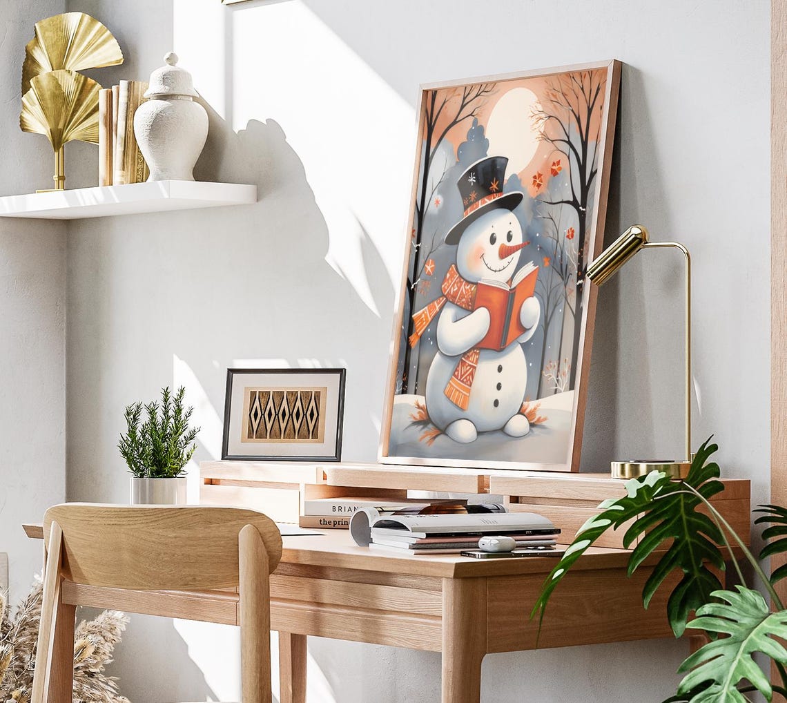 Cute Snowman Reading Book Winter Forest Moonlit Folk Art Poster - Image 3