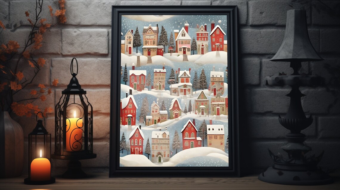Snowy Village Panorama Colorful Houses Falling Snow Winter Poster