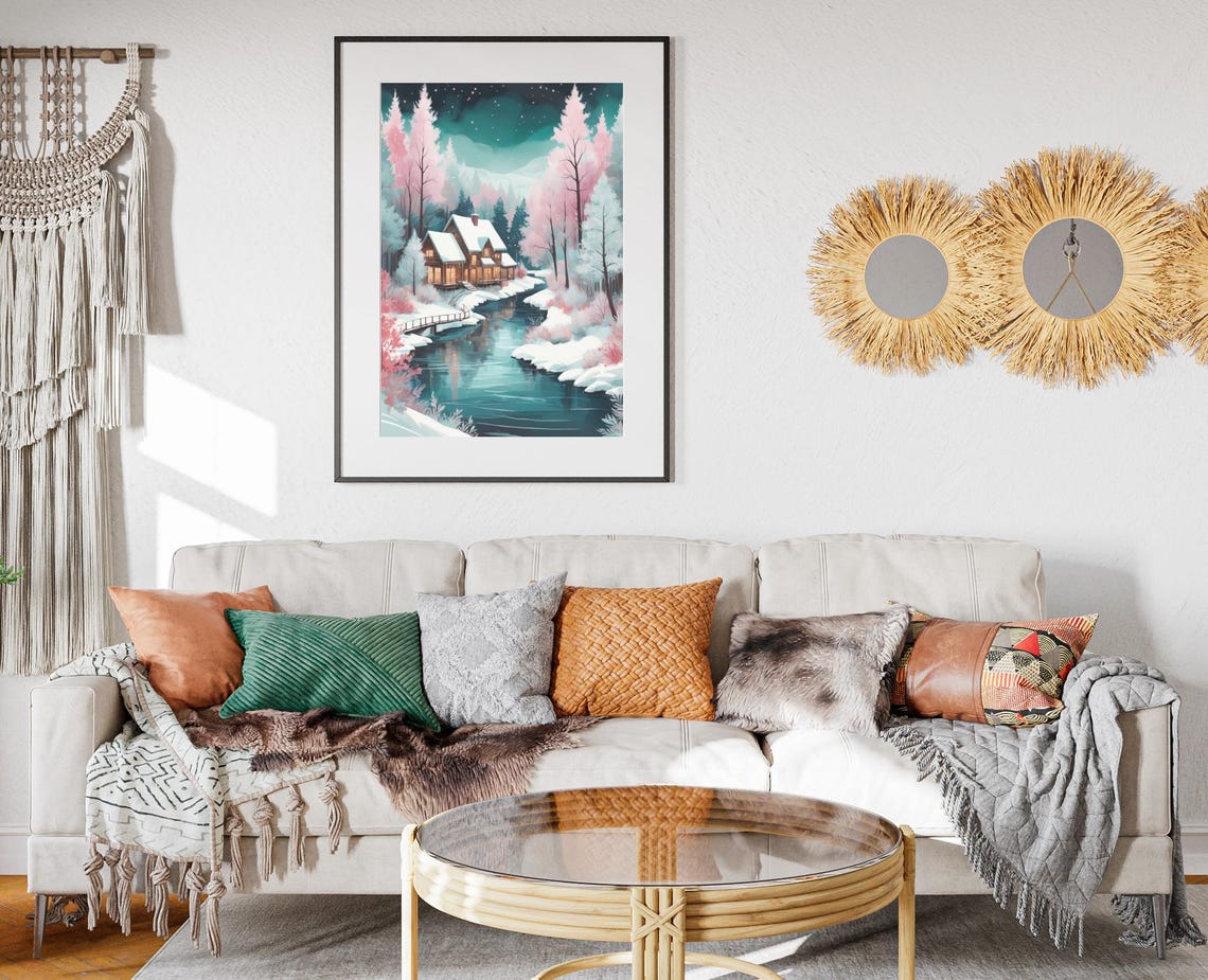Snowy Cabin By Pink River Trees Winter Night Forest Art Poster - Image 2