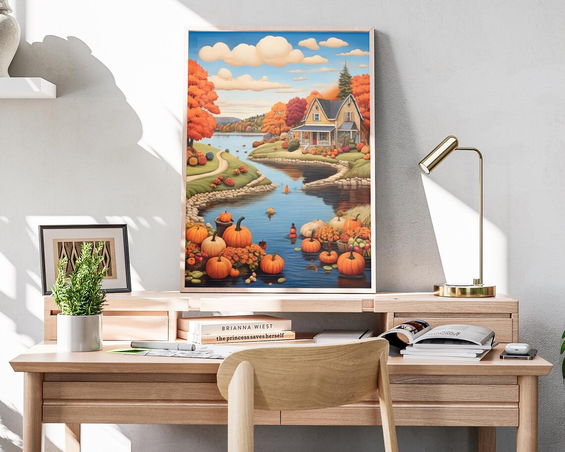 Autumn Lakeside Cottage Floating Pumpkins Fall Water Art Poster - Image 4