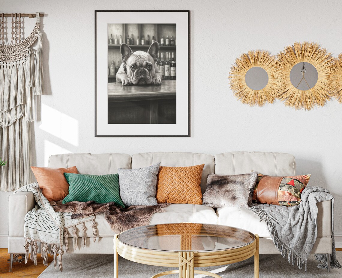 French Bulldog Puppy Resting On Vintage Bar Sepia Wall Art Poster - Image 2