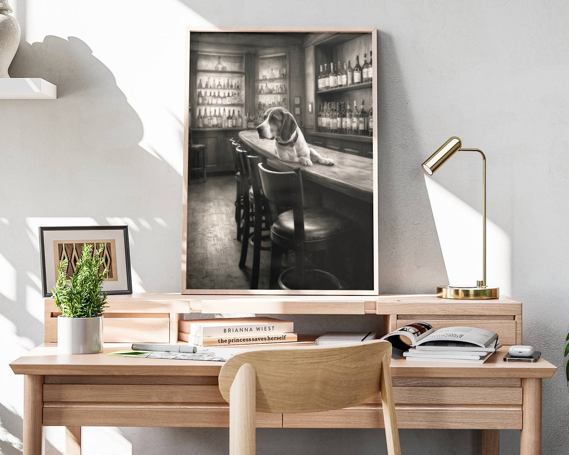 Beagle Lying On Bar Counter Vintage Pub Black White Sketch Poster - Image 4