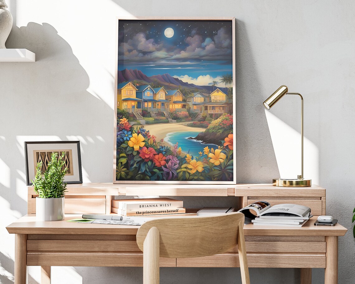 Hawaii Beach Cottages Night Full Moon Tropical Flowers Shore Art Poster - Image 3