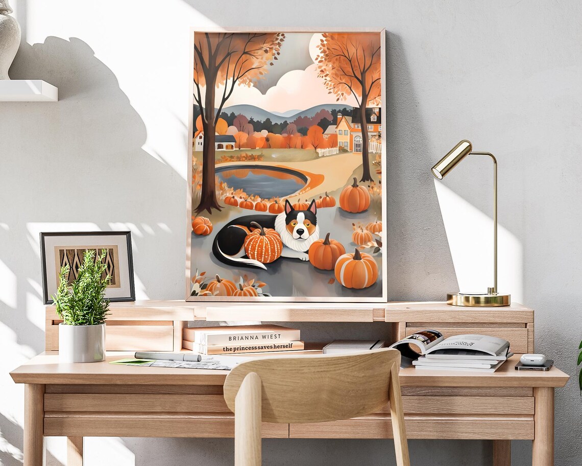 Curled Dog Harvest Pumpkins Pond Autumn Village Folk Art Poster - Image 4