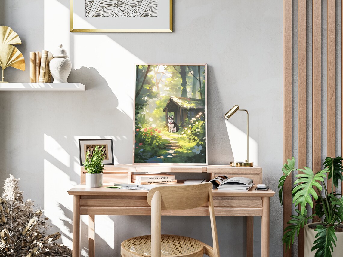 Black White Dog Forest Cabin Watercolor Flower Garden Woodland Pet Poster - Image 4