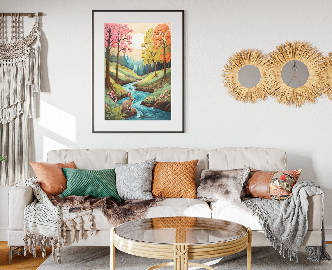 Spring Forest Rabbit Folk Art Blue Stream Blossom Trees Poster - Image 2