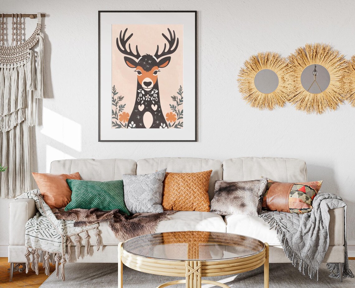 Boho Reindeer Antlers Floral Decorated Body Christmas Holiday Poster - Image 2
